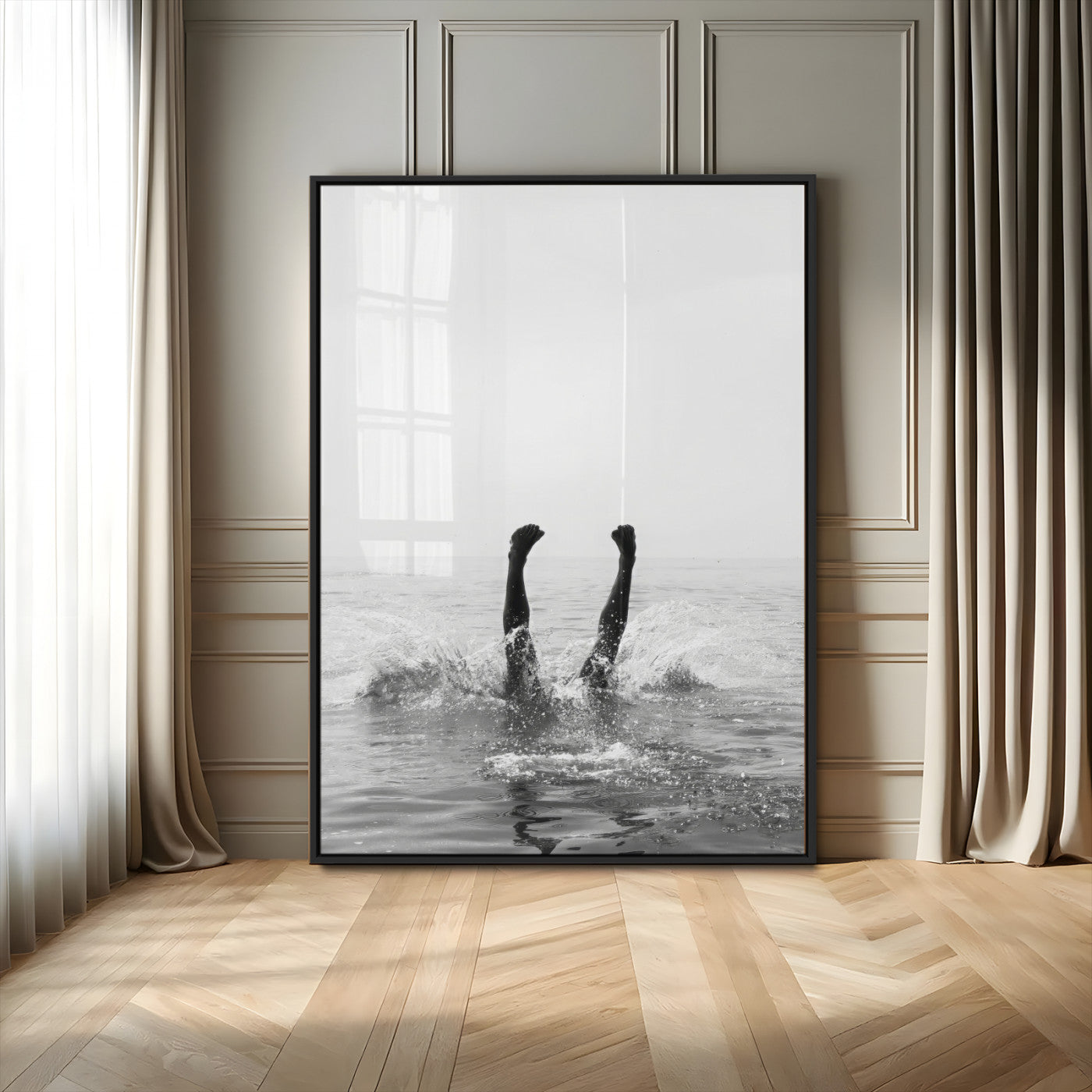43900465-MGV-FP-48X32-3P-Minimal Ocean Wall Art Canvas Print, Framed Monochrome Diving Art Picture Print, Swimmer in Sea Perfect Minimalist Coastal Decor