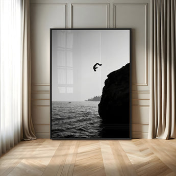 99497106-MGV-FP-48X32-3P-Cliff Jumping Wall Art Canvas Print, Framed Black White Ocean Art Picture Print, Monochrome Cliff Perfect Minimalist Adventure