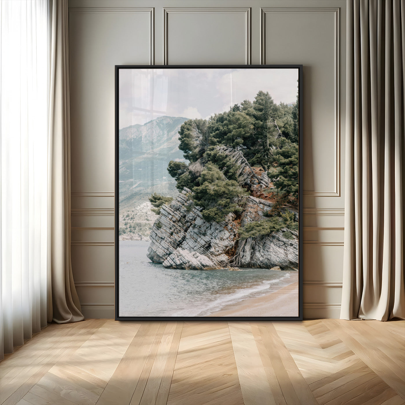 28003346-MGV-FP-48X32-3P-Beach Trees Wall Art Canvas Print, Framed Earthy Beachside Art Picture Print, Beachside Nature Perfect Rustic Coastal Decor