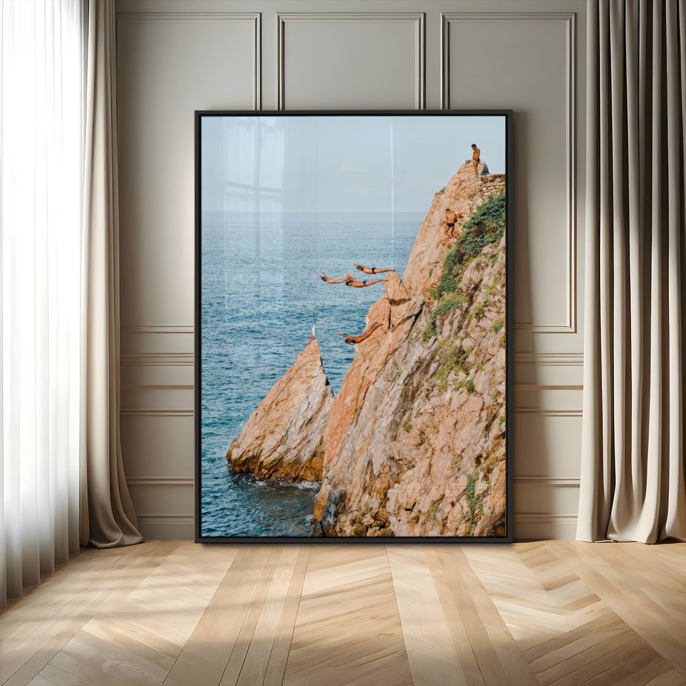 74527880-MGV-FP-48X32-3P-Cliff Divers Wall Art Canvas Print, Framed Ocean Adventure Art Picture Print, Coastal Movement Perfect Adventurous Coastal Decor