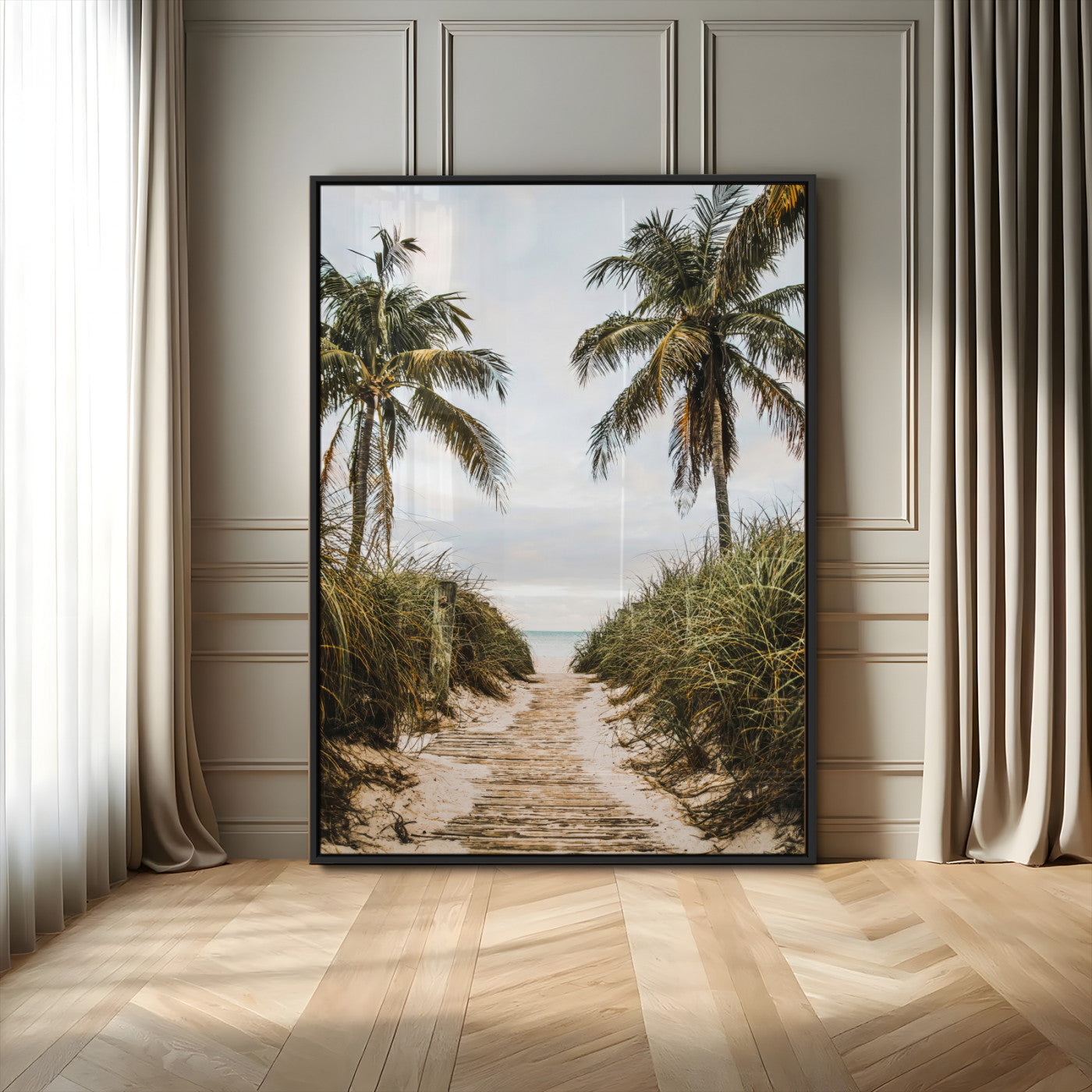 47319550-MGV-CV-24X36-Tropical Beach Wall Art Canvas Print, Framed Rustic Sand Art Picture Print, Palm Tree Perfect Tropical Coastal Decor Artwork