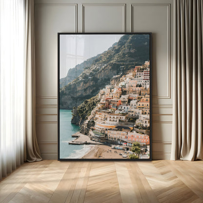 28897019-MGV-FP-48X32-3P-Positano Coastline Wall Art Canvas Print, Framed Amalfi Architecture Art Picture Print, Italian Riviera Perfect Mediterranean