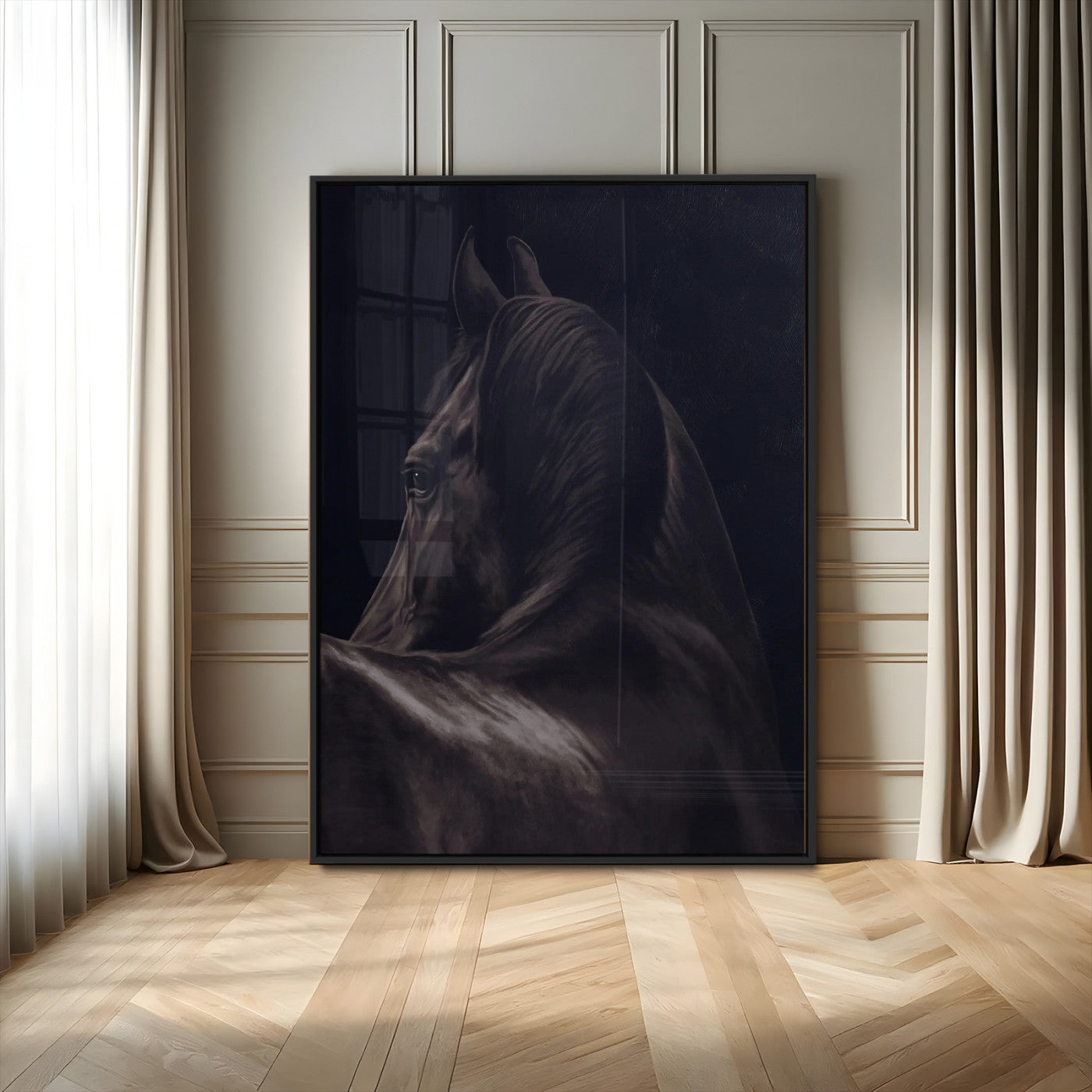 67026880-MGV-CV-24X36-Black Horse Portrait Wall Art Canvas Print, Framed Moody Horse Decor Art Picture Print, Equestrian Wall Style Perfect Masculine