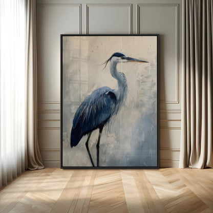 51380726-MGV-CV-24X36-Blue Heron Decor Wall Art Canvas Print, Framed Coastal Bird Design Art Picture Print, Minimal Heron Portrait Perfect Coastal