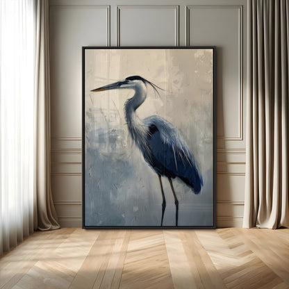 68368019-MGV-FP-48X32-3P-Blue Heron Art Wall Art Canvas Print, Framed Crane Bird Painting Art Picture Print, Elegant Wildlife Scene Perfect Coastal