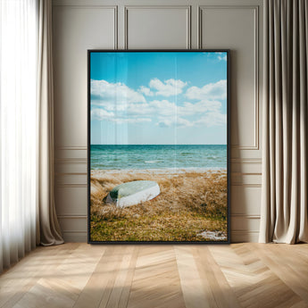 21725303-MGV-CV-24X36-Coastal Serenity Wall Art Canvas Print, Framed Ocean View Art Picture Print, Rustic Boat Perfect Nautical Coastal Decor Artwork