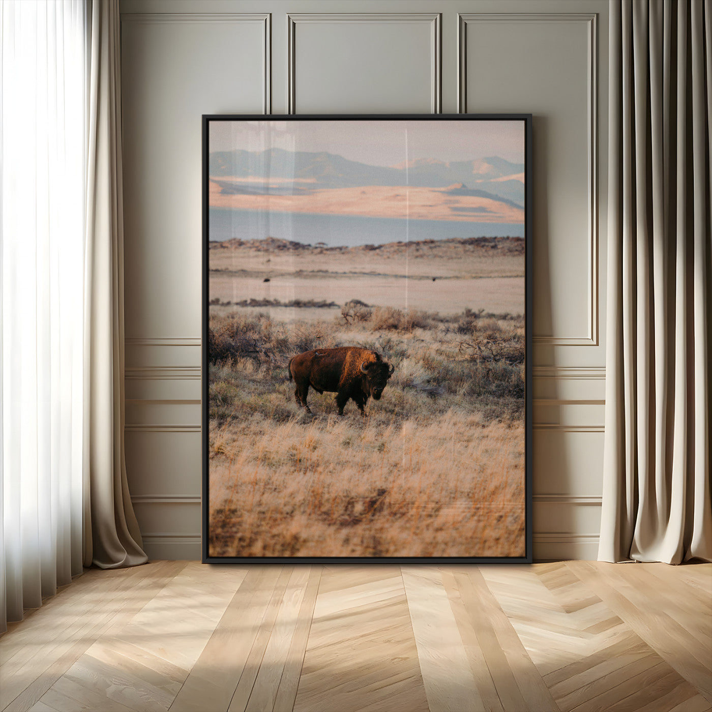 75146693-MGV-FP-48X32-3P-Solitary Buffalo Wall Art Canvas Print, Framed Golden Prairie Art Picture Print, Earthy Tones Perfect Rustic Western Decor Artwork