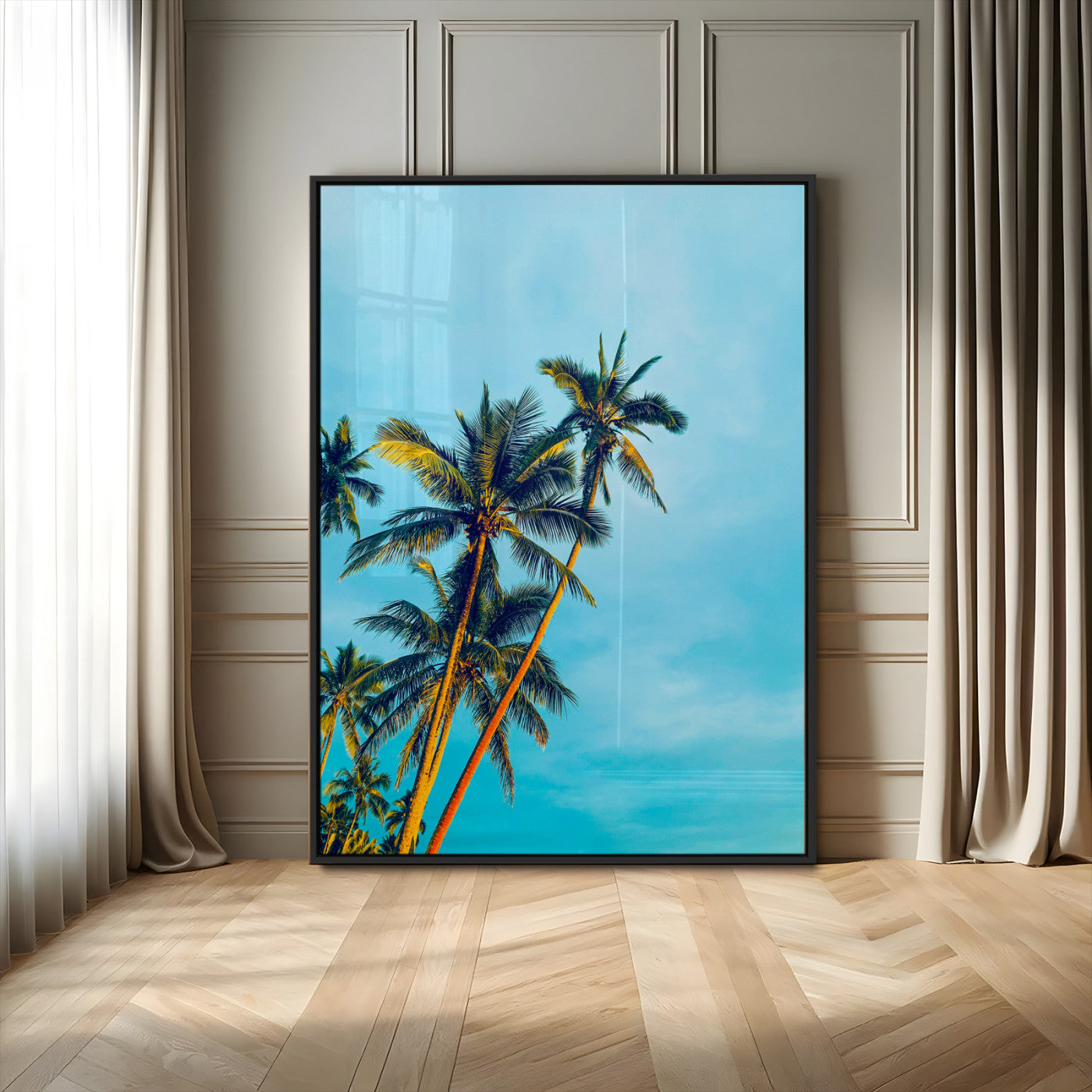 62885569-MGV-FP-48X32-3P-Palm Trees Wall Art Canvas Print, Framed Tropical Vibes Art Picture Print, Blue Sky Perfect Coastal Boho Decor Artwork