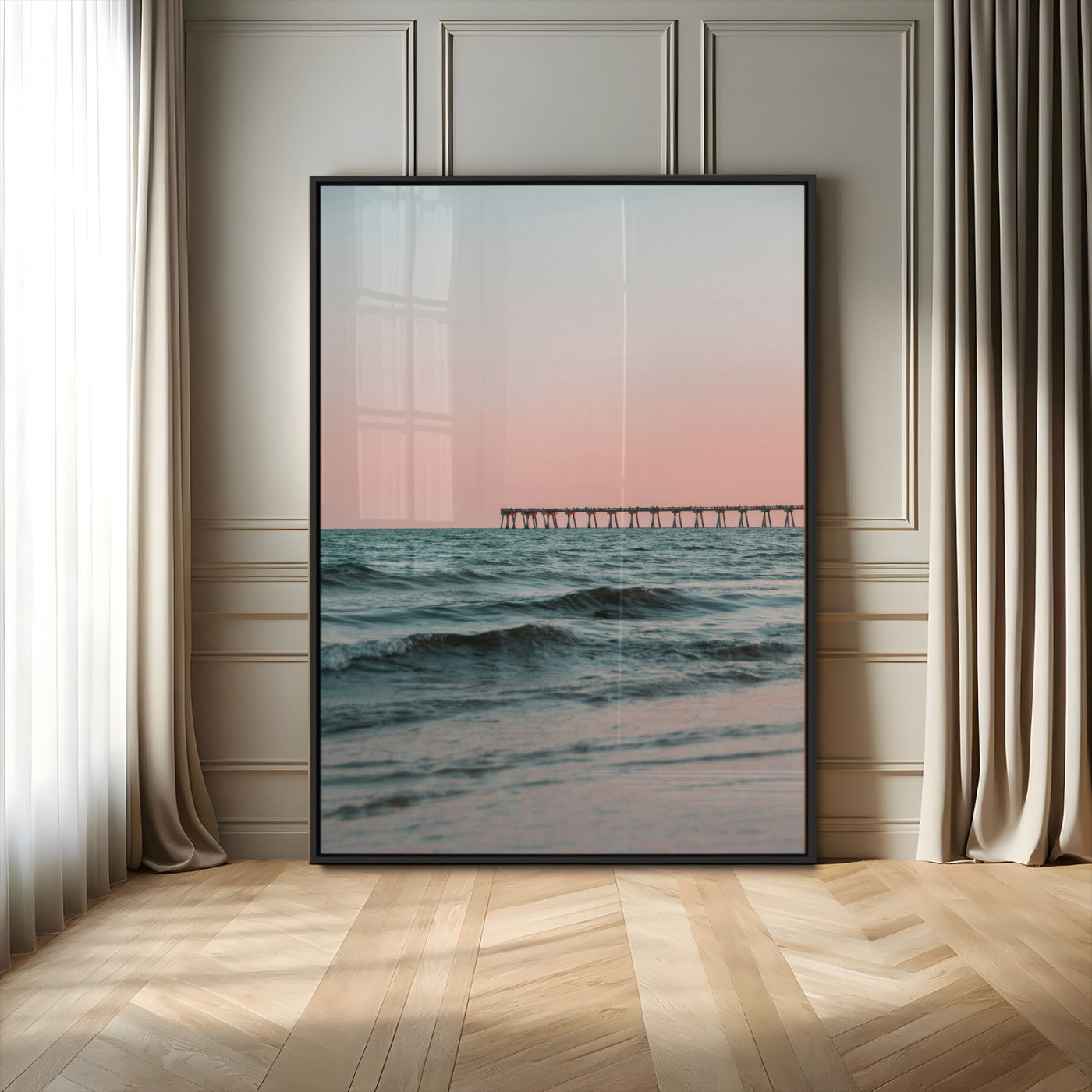 89450227-MGV-CV-24X36-Minimalist Seascape Wall Art Canvas Print, Framed Soft Pastel Sunset Art Picture Print, Tranquil Ocean Perfect Minimalist Coastal