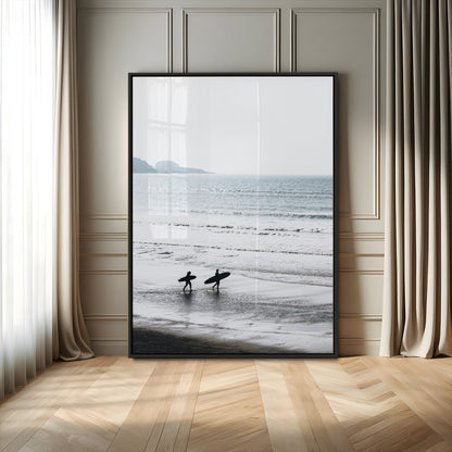 58090796-MGV-CV-24X36-Surfer Silhouettes Wall Art Canvas Print, Framed Minimalist Ocean Art Picture Print, Soft Horizon Perfect Minimalist Coastal Decor