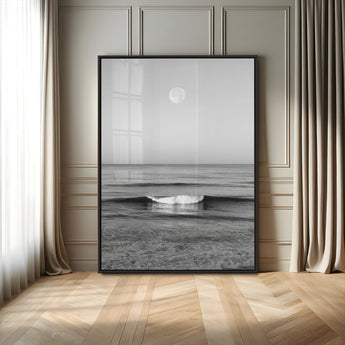 10207552-MGV-CV-24X36-Minimalist Ocean Moon Wall Art – Black and White Seascape Photography Print, Coastal Decor, Calm Ocean Waves with Full Moon for