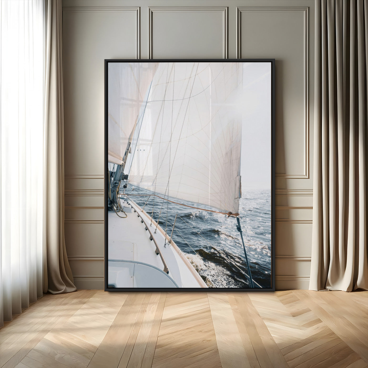 95552990-MGV-CV-24X36-Nautical Sailing Wall Art – Sailboat with White Sails and Ocean Waves, Coastal Photography Print, Seaside Decor for Beach House &