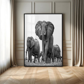 79634-MGV-CV-24X36-Elephant Herd Wall Art Canvas Print, Framed African Elephant Art Picture Print, Monochrome Wildlife Perfect Monochrome Safari