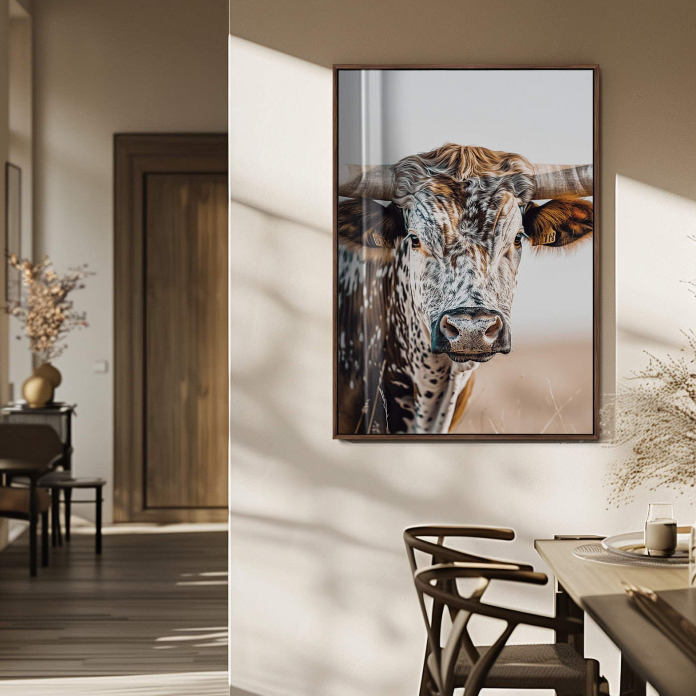 50803532-MGV-FP-48X32-3P_Walnut-Texas Longhorn Wall Art Canvas Print, Framed Speckled Cow Art Picture Print, Horned Bull Perfect Rustic Western Decor Artwork