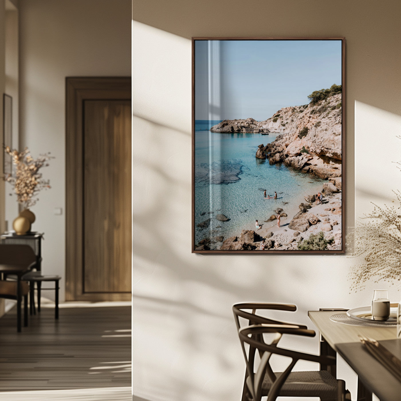 97854283-MGV-FP-48X32-3P_Walnut-Turquoise Cove Wall Art Canvas Print, Framed Ibiza Beach Art Picture Print, Mediterranean Shore Perfect Boho Coastal Decor Artwork