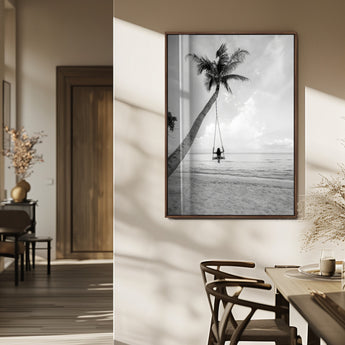 78460277-MGV-CV-24X36-Black White Palms Wall Art Canvas Print, Framed Beach Swing Art Picture Print, Monochrome Coastal Perfect Minimalist Coastal Decor