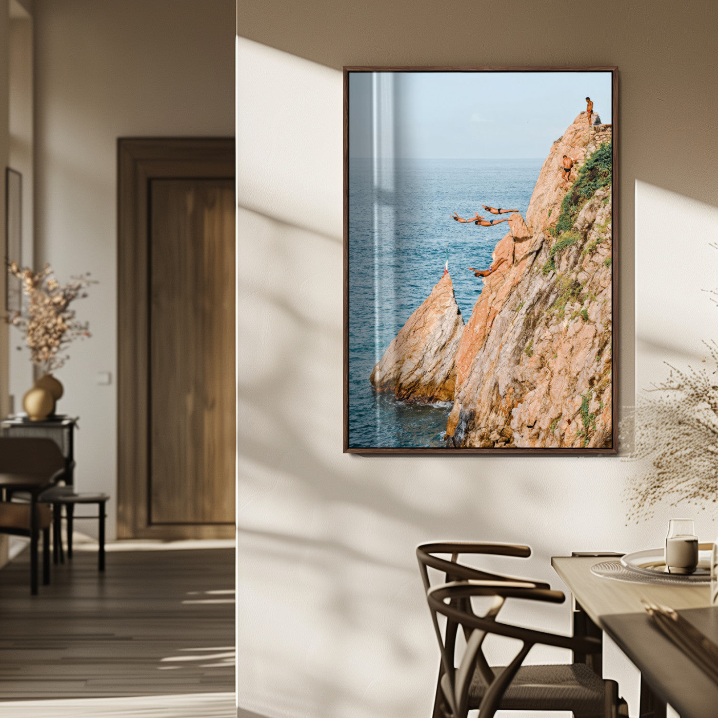 74527880-MGV-FP-48X32-3P_Walnut-Cliff Divers Wall Art Canvas Print, Framed Ocean Adventure Art Picture Print, Coastal Movement Perfect Adventurous Coastal Decor