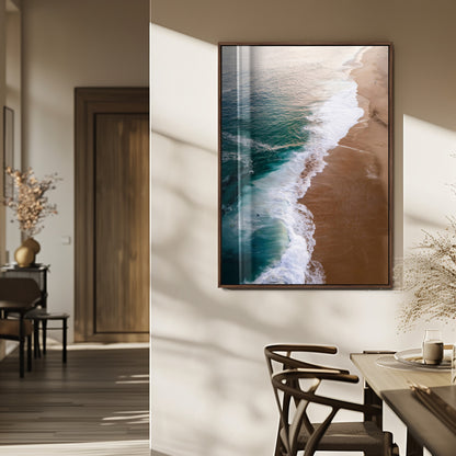 46042804-MGV-FP-48X32-3P_Walnut-Aerial Beach Wall Art Canvas Print, Framed Coastal Waves Art Picture Print, Turquoise Ocean Perfect Modern Coastal Decor Artwork