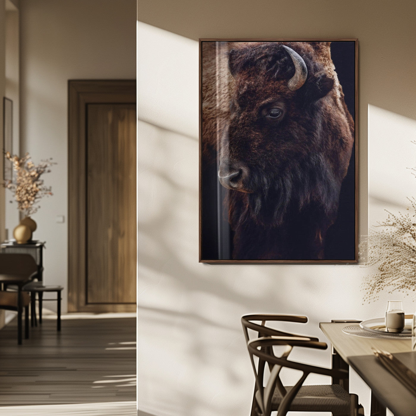 56758157-MGV-FP-48X32-3P_Walnut-Bison Portrait Wall Art Canvas Print, Framed Rustic Wall Accent Art Picture Print, Lodge Style Perfect Rustic Lodge Decor Artwork