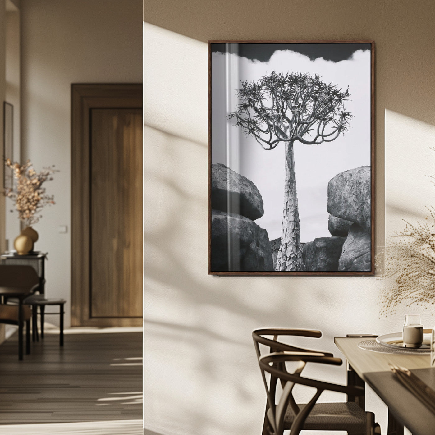 60628080-MGV-FP-48X32-3P_Walnut-Bold Tree Silhouette Wall Art Canvas Print, Framed Sculptural Tree Shape Art Picture Print, Desert Tree Perfect Modern Desert