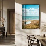 21725303-MGV-FP-48X32-3P_Walnut-Coastal Serenity Wall Art Canvas Print, Framed Ocean View Art Picture Print, Rustic Boat Perfect Nautical Coastal Decor Artwork