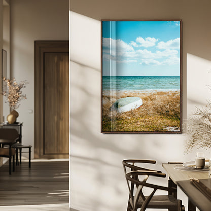 21725303-MGV-CV-24X36-Coastal Serenity Wall Art Canvas Print, Framed Ocean View Art Picture Print, Rustic Boat Perfect Nautical Coastal Decor Artwork