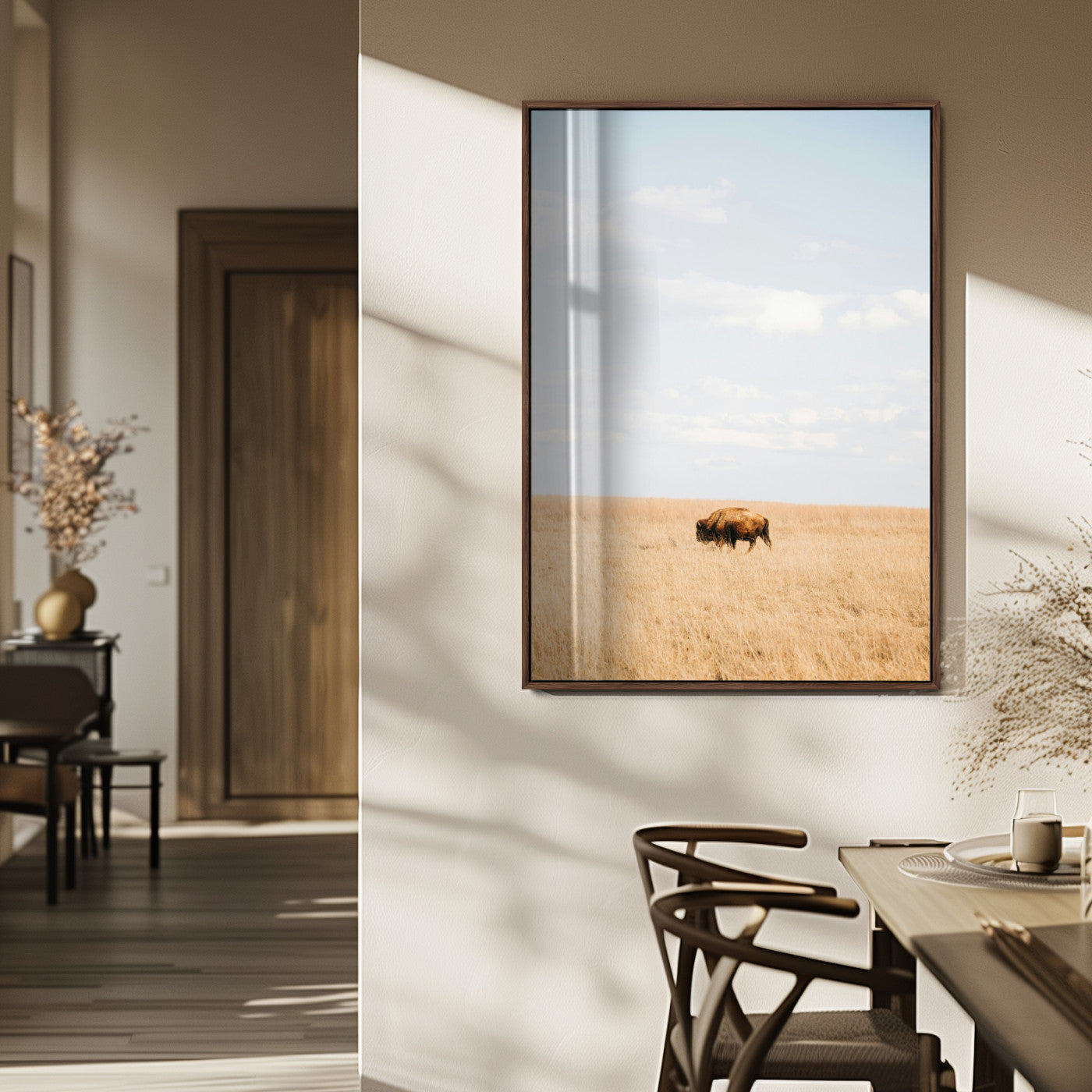 96766166-MGV-FP-48X32-3P_Walnut-Minimalist Nature Wall Art Canvas Print, Framed Bison In Grassland Art Picture Print, Open Field Perfect Modern Ranch Decor Decor