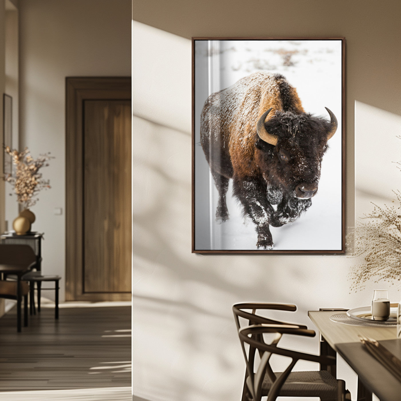 19448944-MGV-FP-48X32-3P_Walnut-Winter Wilderness Wall Art Canvas Print, Framed Brown Tones Art Picture Print, Nature Close-Up Perfect Rustic Lodge Decor Decor