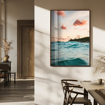 13960366-MGV-FP-48X32-3P_Walnut-Tropical Seascape Wall Art Canvas Print, Framed Sunset Ocean Art Picture Print, Coastal Aesthetic Perfect Coastal Bohemian Decor