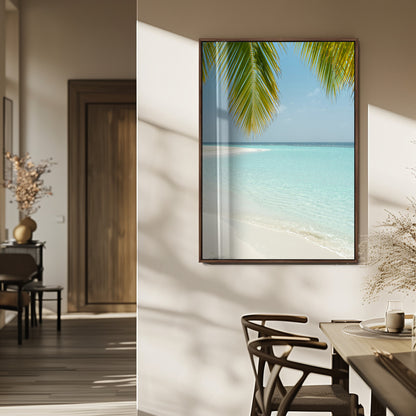 90359351-MGV-FP-48X32-3P_Walnut-Azure Water Wall Art Canvas Print, Framed Tranquil Island Escape Art Picture Print, Clear Blue Ocean Perfect Coastal Minimalist