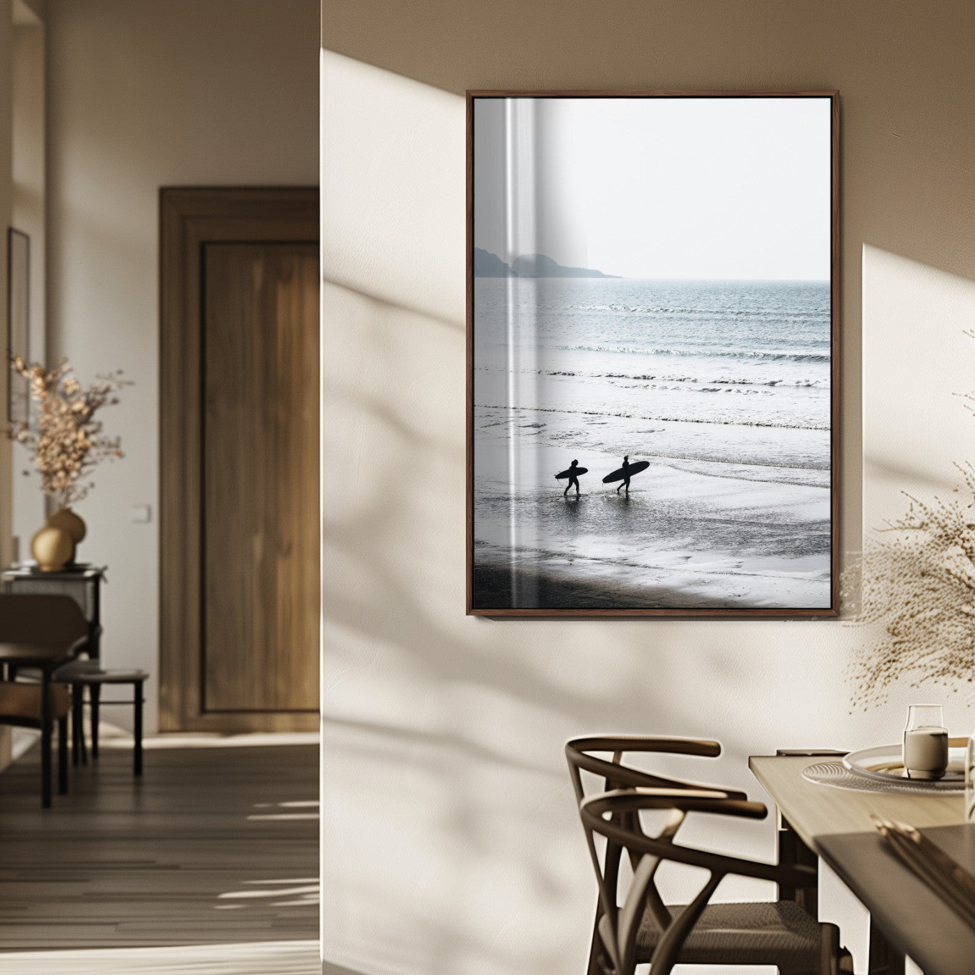 58090796-MGV-FP-48X32-3P_Walnut-Surfer Silhouettes Wall Art Canvas Print, Framed Minimalist Ocean Art Picture Print, Soft Horizon Perfect Minimalist Coastal Decor