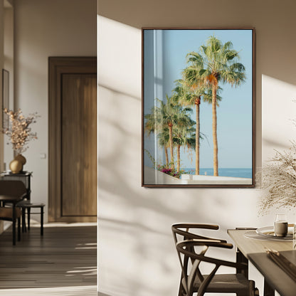 46777020-MGV-FP-48X32-3P_Walnut-Palm Tree Wall Art – Coastal Canvas Print with Tall Palms and Blue Sky, Minimal Tropical Photography, Relaxing Beach Decor for