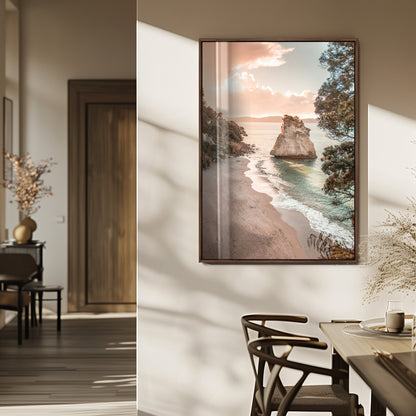 34220311-MGV-FP-48X32-3P_Walnut-Coastal Rock Wall Art – Sunset Beach Canvas Print with Ocean Waves and Golden Light, Scenic Seaside Photography for Bedroom,