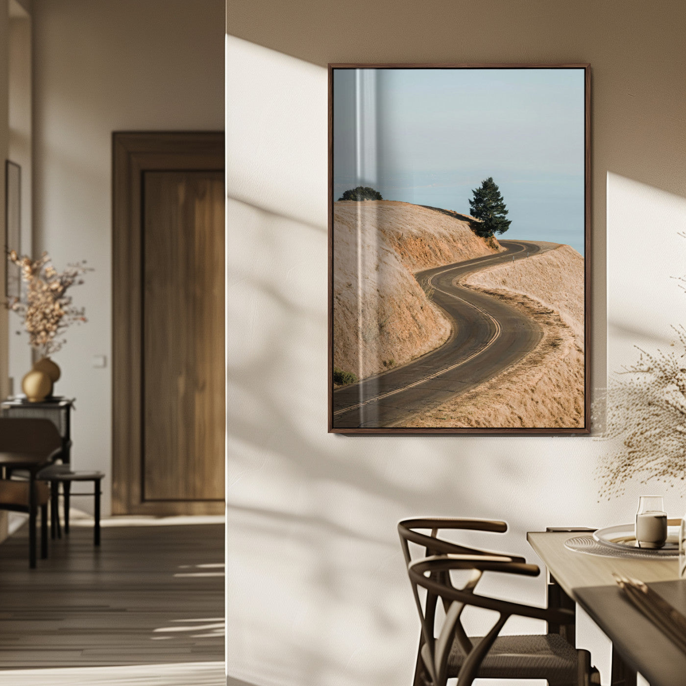 44236608-MGV-FP-48X32-3P_Walnut-Landscape Wall Art – Winding Road Through Golden Hills Canvas Print, Scenic Nature Photography Decor for Bedroom, Living Room,