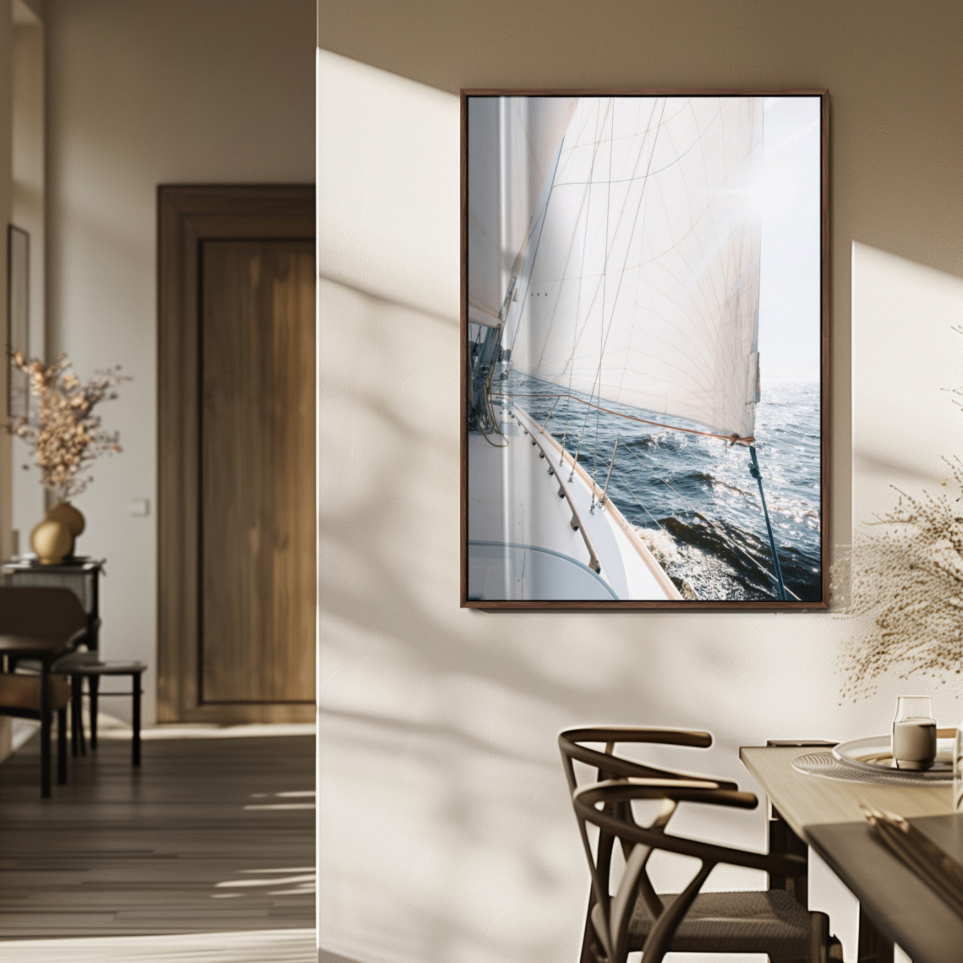 95552990-MGV-FP-48X32-3P_Walnut-Nautical Sailing Wall Art – Sailboat with White Sails and Ocean Waves, Coastal Photography Print, Seaside Decor for Beach House &