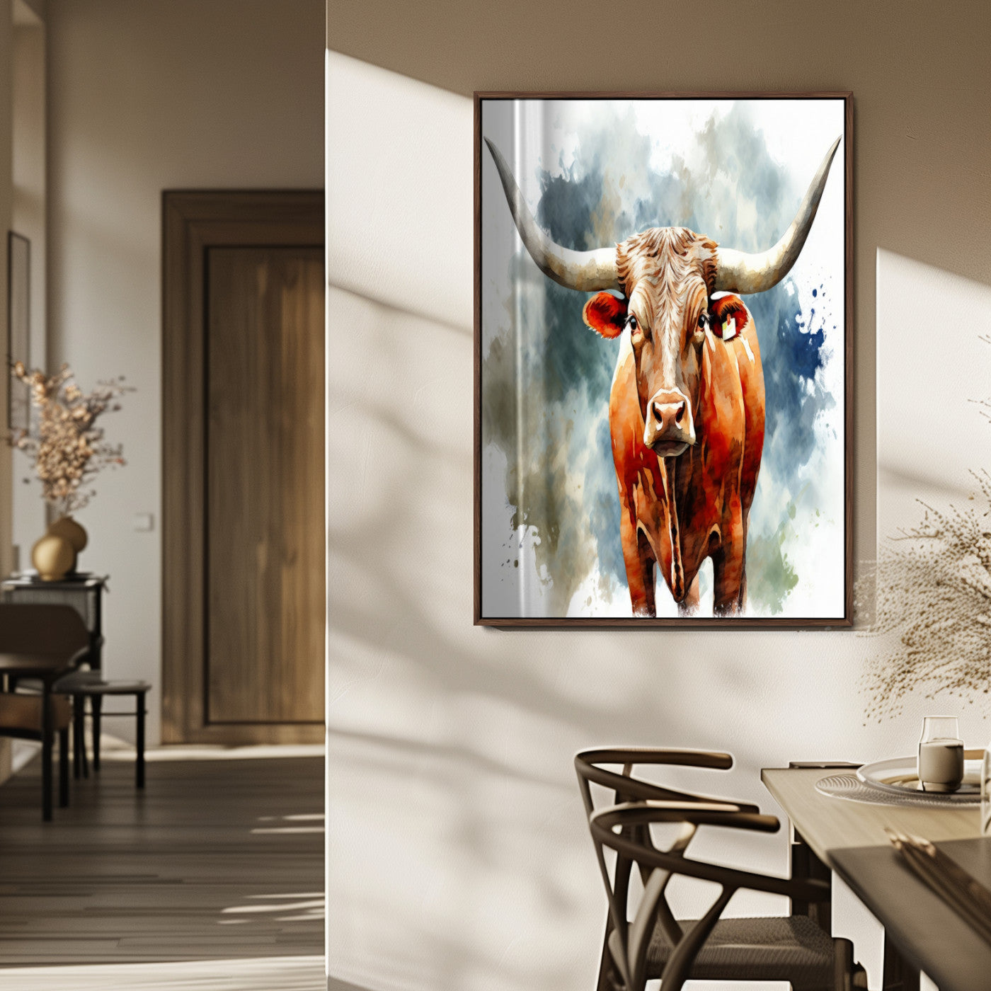 39803-MGV-FP-48X32-3P_Walnut-Texas Longhorn Wall Art Canvas Print, Framed Rustic Cattle Art Picture Print, Western Bull Perfect Rustic Western Decor Artwork