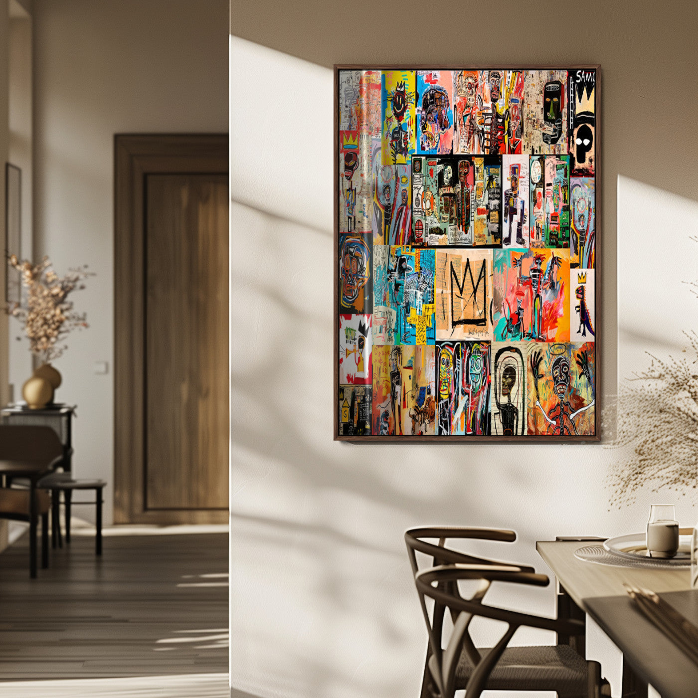 58689-MGV-FP-48X32-3P_Walnut-Basquiat Style Wall Art Canvas Print, Framed Neo Expressionism Art Picture Print, Street Art Perfect Urban Contemporary Decor