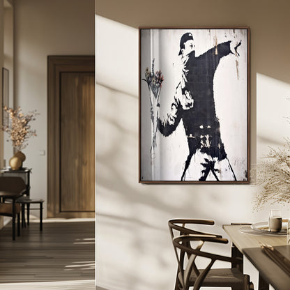 64032-MGV-FP-48X32-3P_Walnut-Flower Thrower Wall Art Canvas Print, Framed Urban Protest Art Picture Print, Graffiti Style Perfect Urban Contemporary Decor