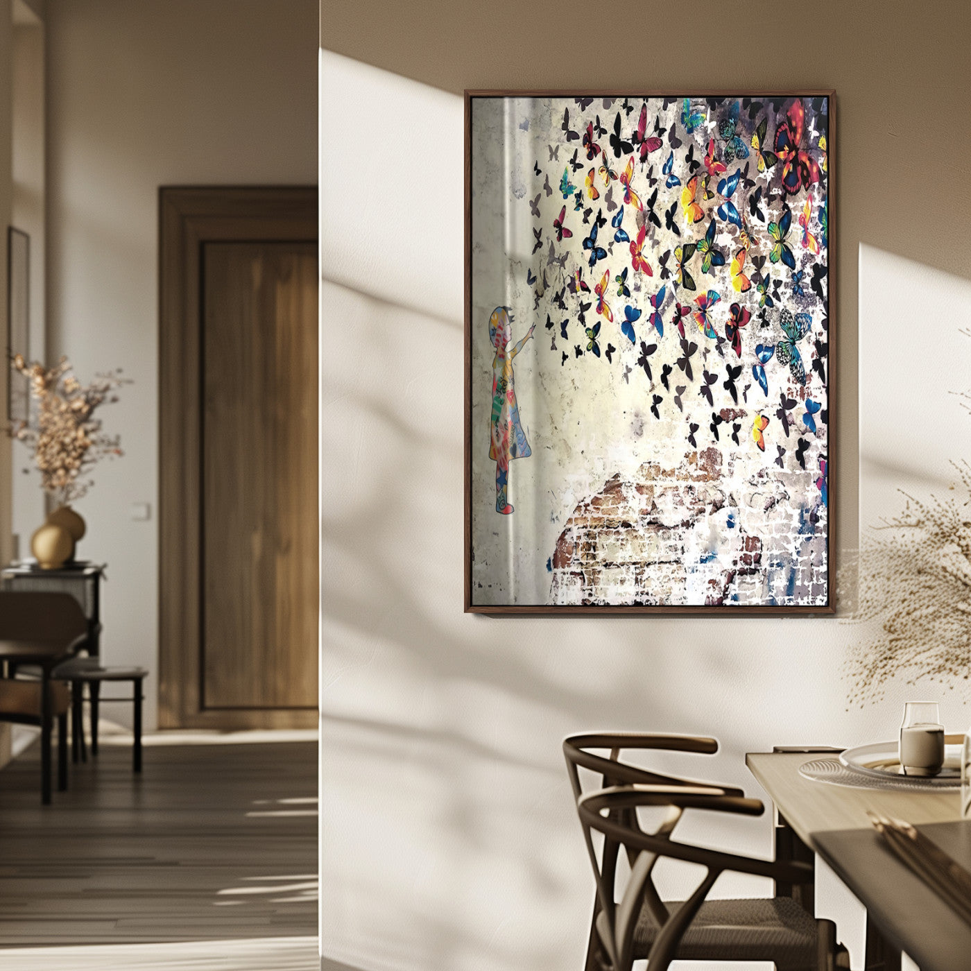 50039-MGV-FP-48X32-3P_Walnut-Colorful Girl Wall Art Canvas Print, Framed Butterfly Swarm Art Picture Print, Urban Graffiti Perfect Urban Whimsical Decor