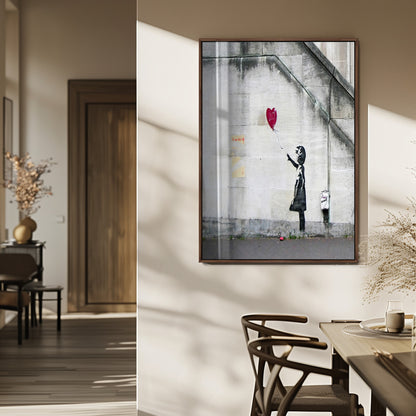 35033-MGV-FP-48X32-3P_Walnut-Balloon Girl Wall Art Canvas Print, Framed Street Banksy Art Picture Print, Urban Contrast Perfect Minimal Urban Decor Artwork