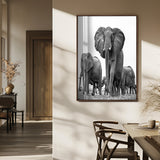 79634-MGV-FP-48X32-3P_Walnut-Elephant Herd Wall Art Canvas Print, Framed African Elephant Art Picture Print, Monochrome Wildlife Perfect Monochrome Safari