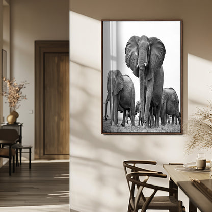 79634-MGV-FP-48X32-3P_Walnut-Elephant Herd Wall Art Canvas Print, Framed African Elephant Art Picture Print, Monochrome Wildlife Perfect Monochrome Safari