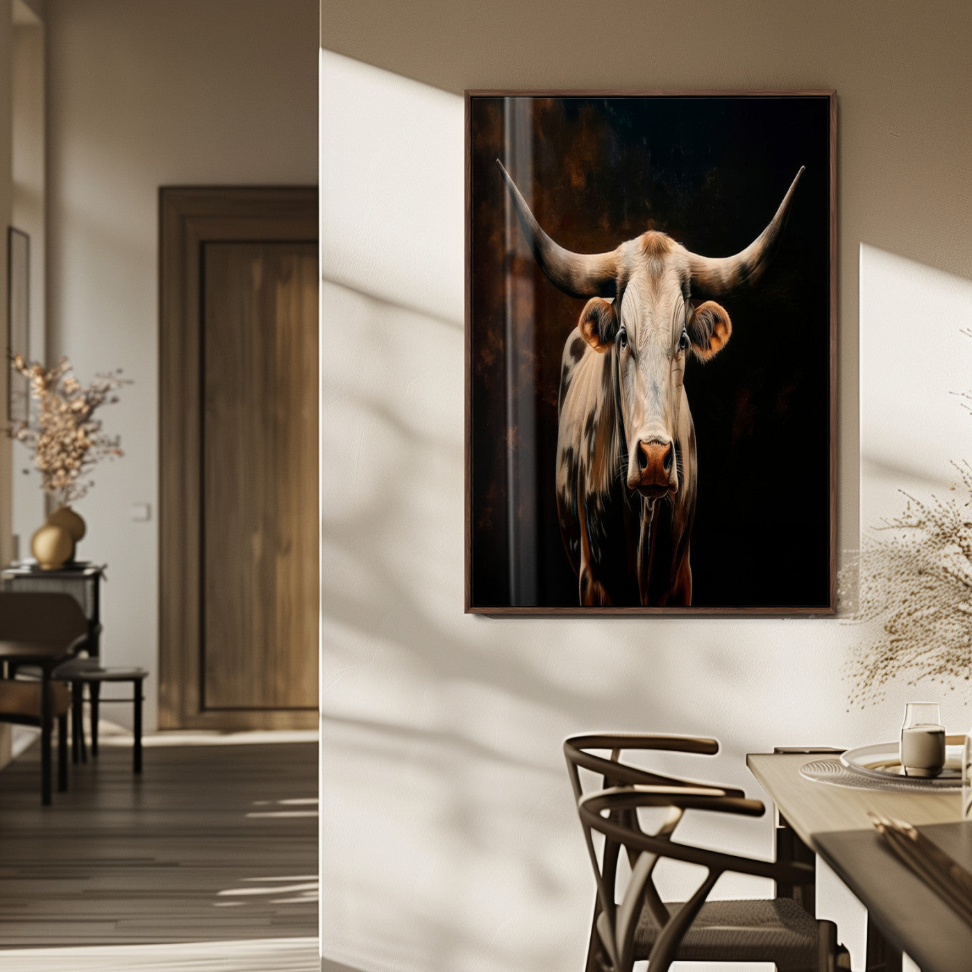 11823-MGV-FP-48X32-3P_Walnut-Texas Longhorn Wall Art Canvas Print, Framed Western Bull Art Picture Print, Rustic Cow Perfect Rustic Western Decor Artwork
