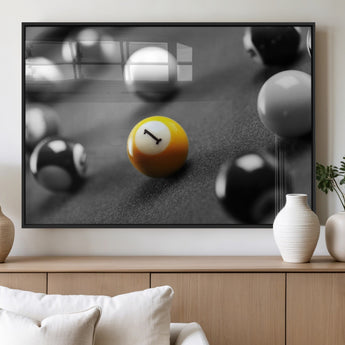 52108-MGV-FP-36X24-3P_Black-Precision Pool Table Wall Art – Close Up Yellow 1 Ball Canvas Print, Hand-Played Billiards Game Decor for Office, Game Room, or