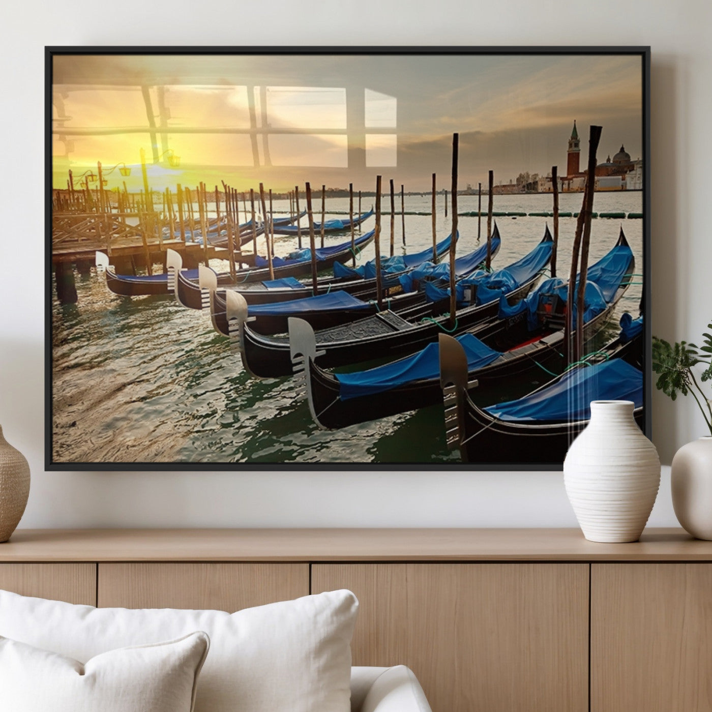25872-MGV-FP-36X24-3P_Black-Venetian Gondola Dock Wall Art – Serene Sunset Canal Canvas Print, Tranquil Water Travel Decor for Office, Living Room, or Man