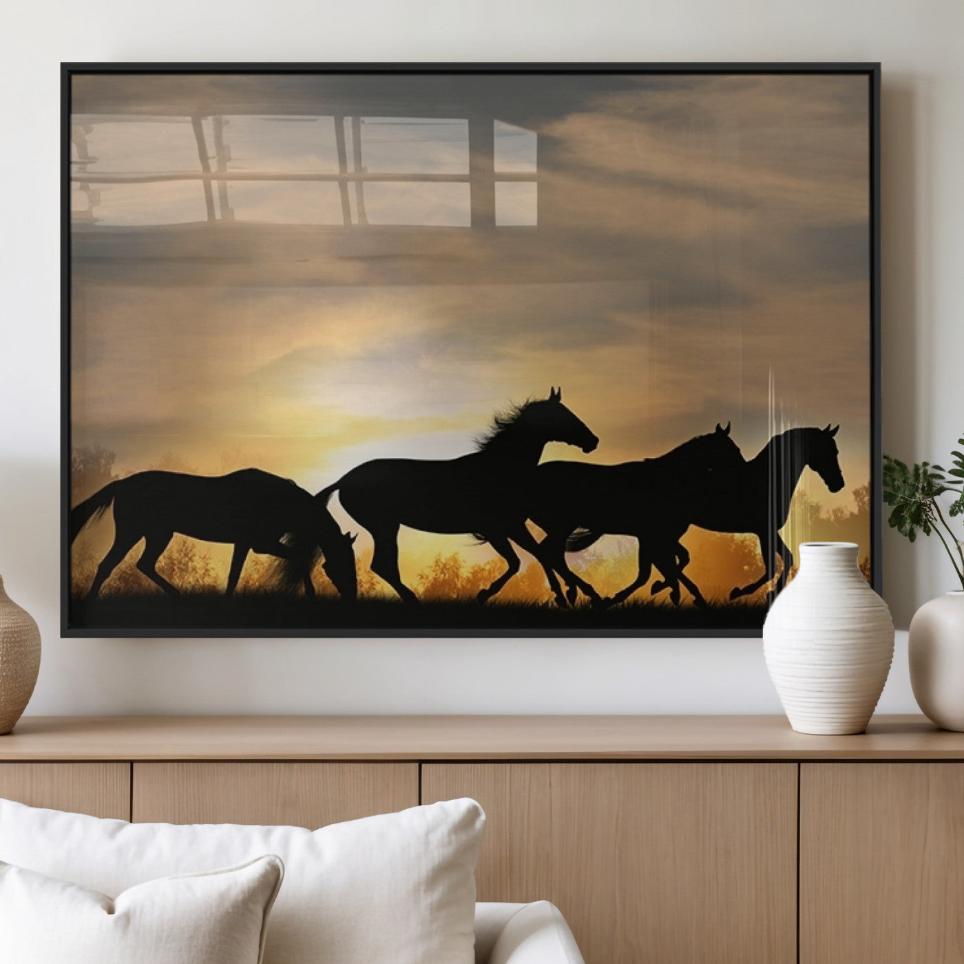 16620-MGV-FP-36X24-3P_Black-Sunset Stallions Wall Art – Silhouetted Horses Running Canvas Print, Nature’s Rhythm, Perfect for Living Room, Office, or Man Cave