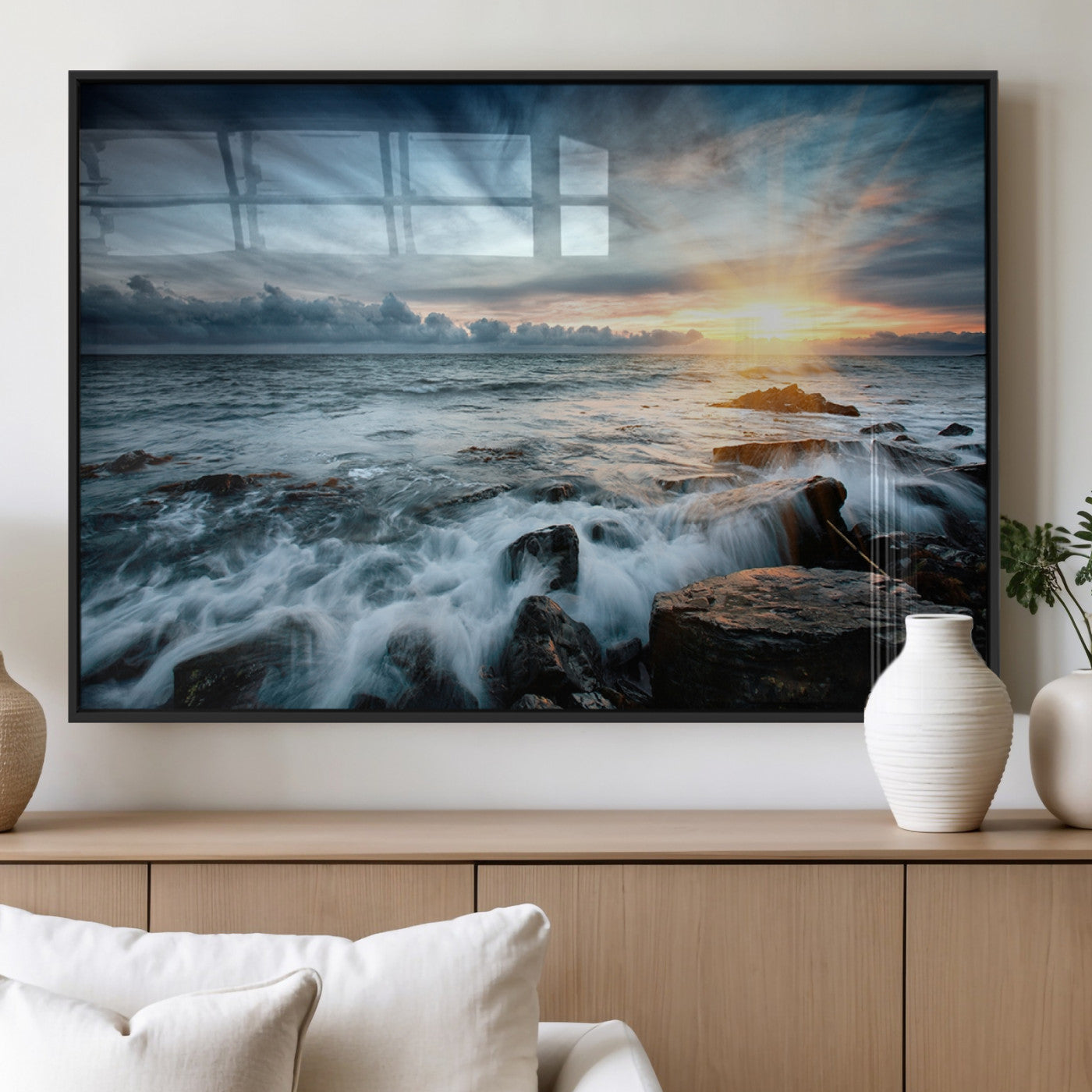 33428-MGV-FP-36X24-3P_Black-Ocean Sunrise Wall Art – Serene Seascape Canvas Print, Coastal Home or Office Decor, Perfect for Living Room, Bedroom, or Study