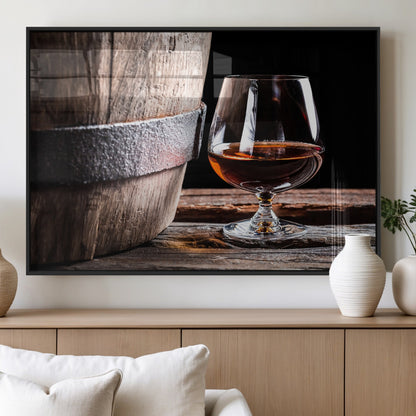 50839-MGV-FP-36X24-3P_Black-Barrel & Brandy Wall Art – Rustic Whiskey Barrel and Brandy Glass Canvas Print, Elegant Home Bar or Lounge Decor for Office, Man
