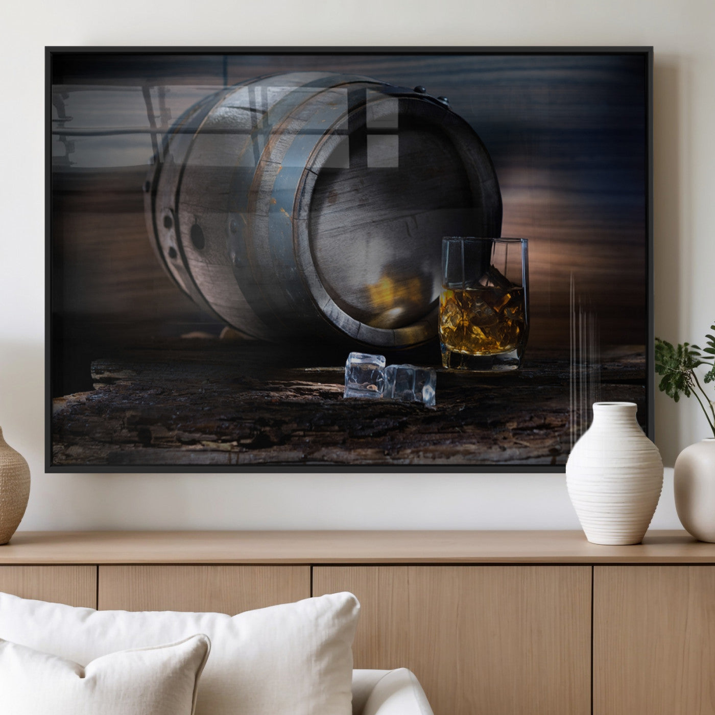 78049-MGV-FP-36X24-3P_Black-Whiskey Barrel Wall Art – Rustic Whiskey Barrel and Glass with Ice Canvas Print, Classic Bar or Lounge Decor for Home, Office, or