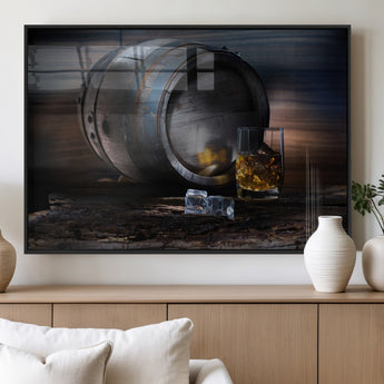 78049-MGV-FP-36X24-3P_Black-Whiskey Barrel Wall Art – Rustic Whiskey Barrel and Glass with Ice Canvas Print, Classic Bar or Lounge Decor for Home, Office, or